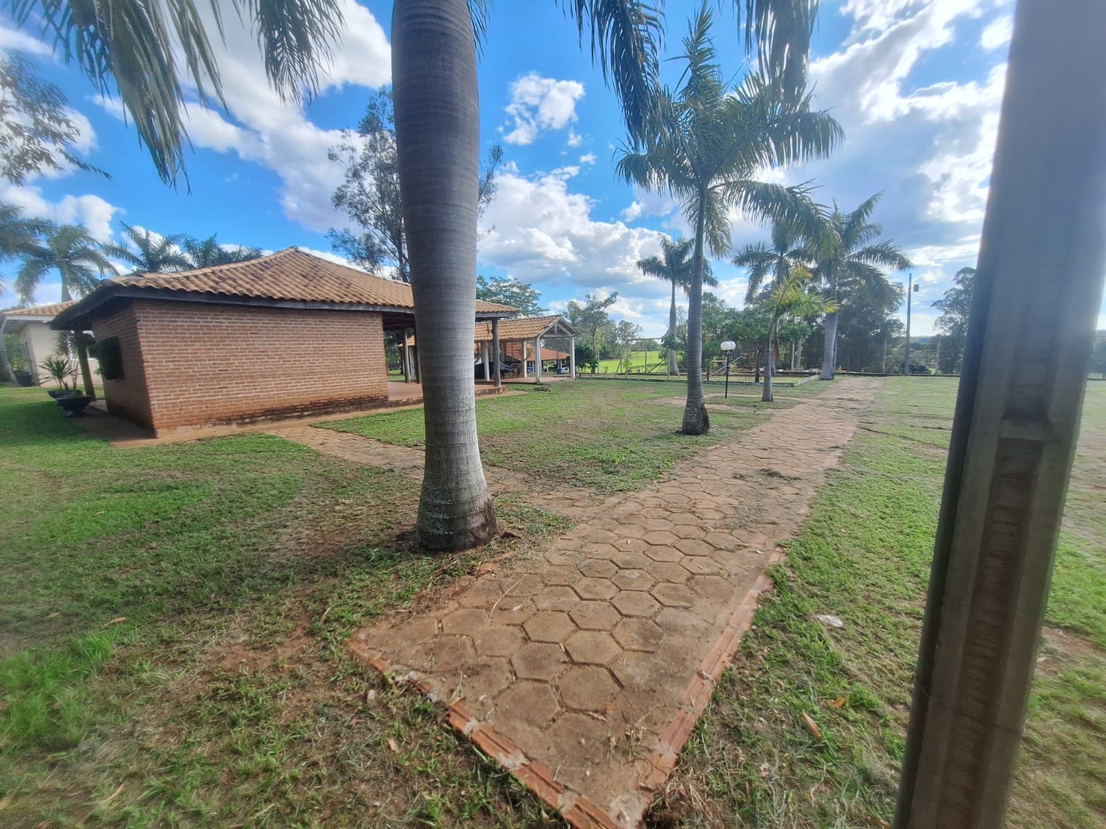 Caminho de pedras entre palmeiras levando aos espaços da chácara